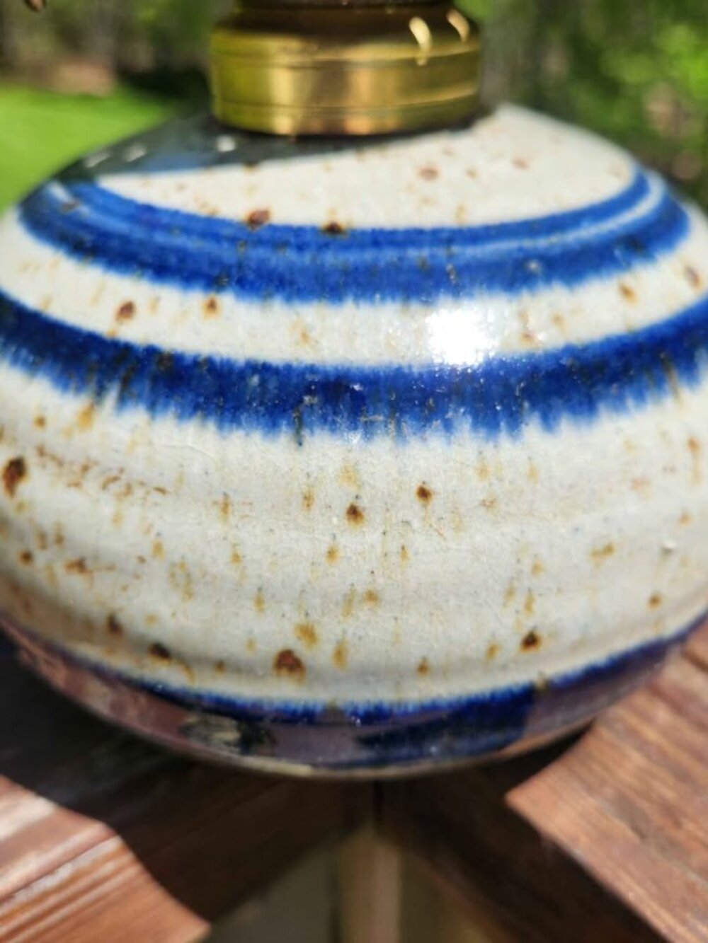 Salmon Falls Stoneware early Andy Pottery signed blue band Oil Lamp NH vintage - Picture 2 of 4